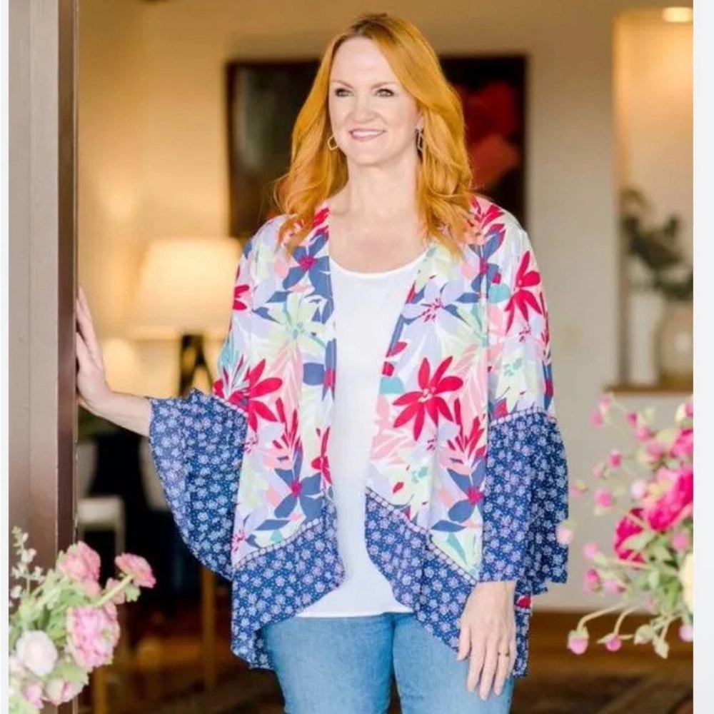 The Pioneer Woman Floral Cardigan Blouse Lightweight Flounce Sleeves Size S/M